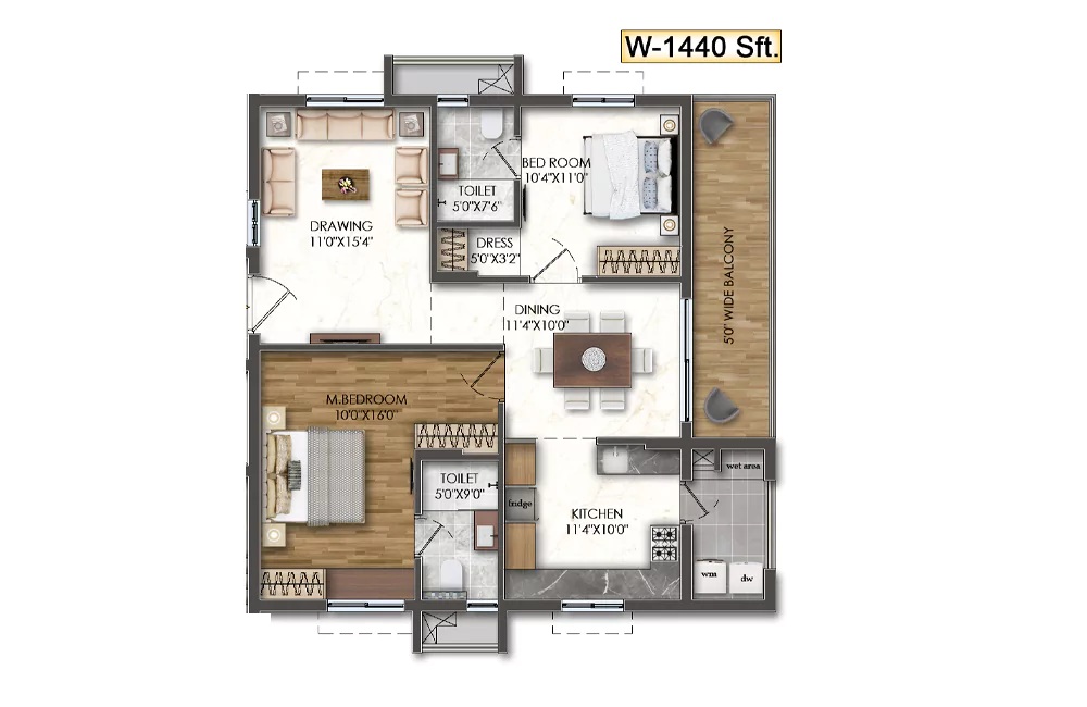 2 BHK W-1440 Sft